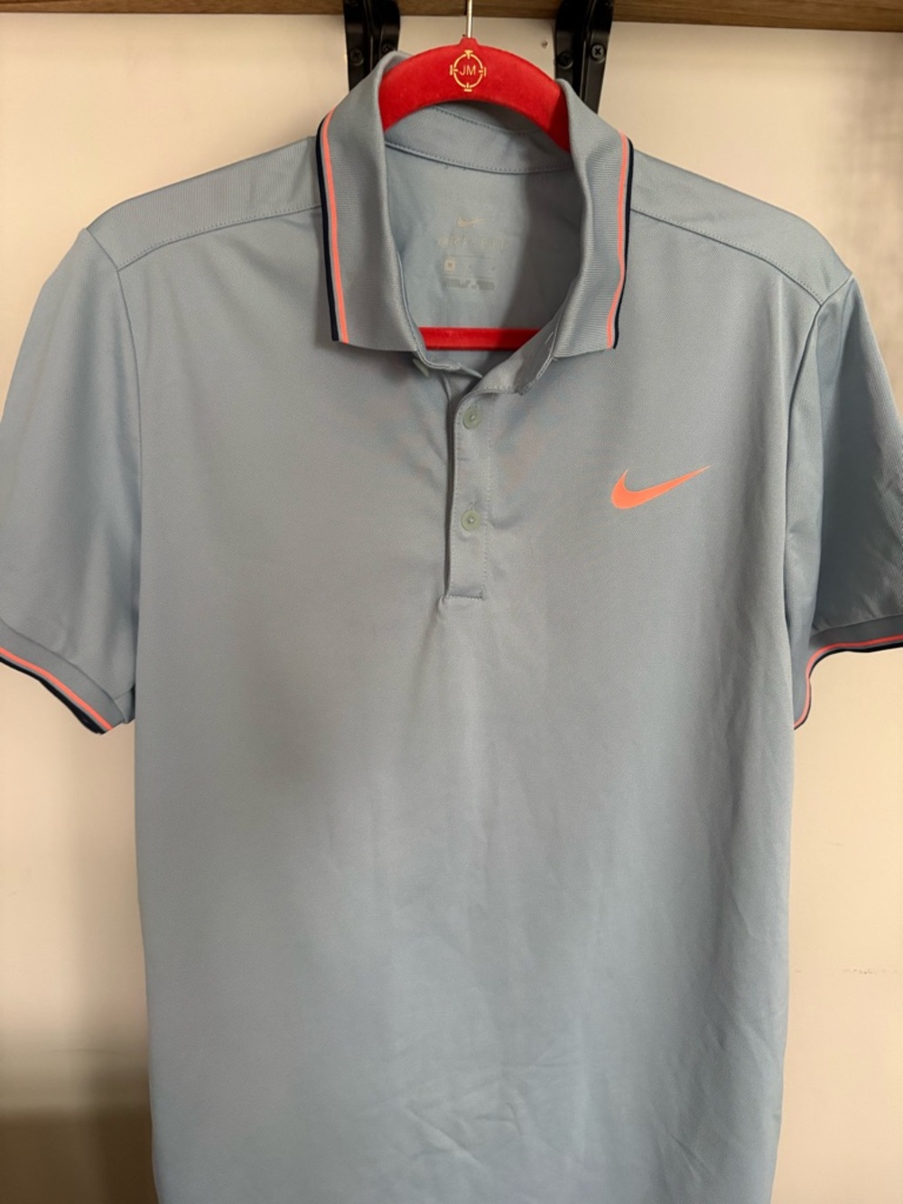 Nike Men’s Light Blue Polo with Coral Swoosh and Trim